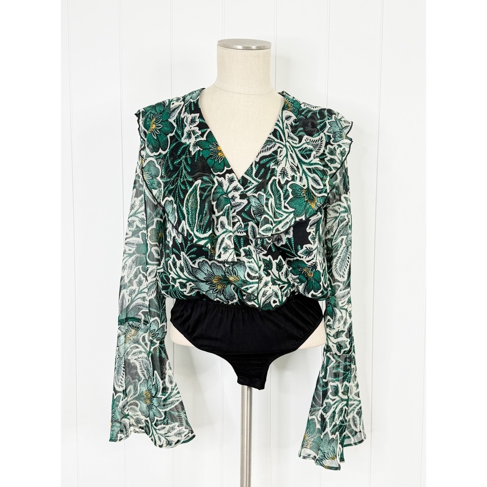 Band of the Free Green Black Floral Ruffle Bodysuit NWT Womens Size M Boho Bell